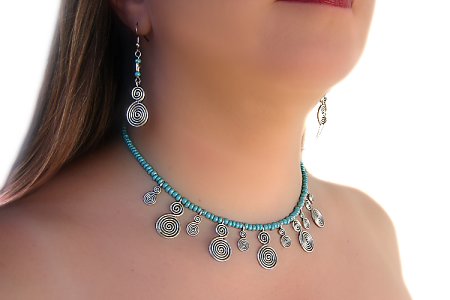 Steel spirals with turquoise glass necklace-earring set